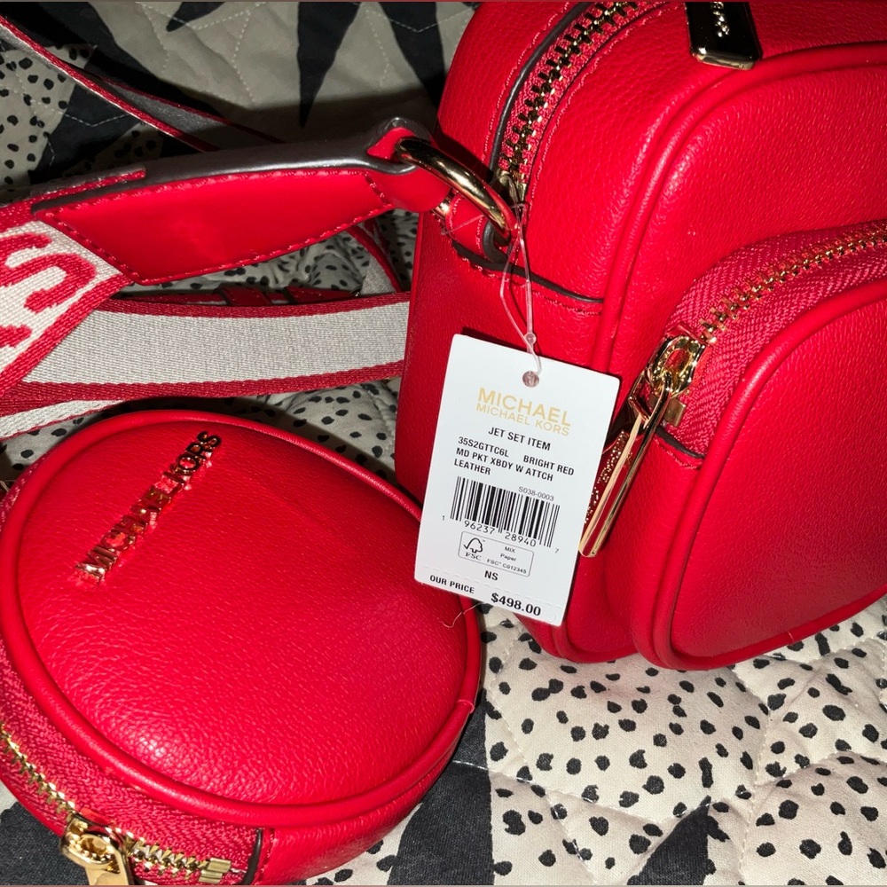 NWT Michael Kors • Jet Set Medium Leather Crossbody Bag w/ AirPod Case (red) - Picture 5 of 10